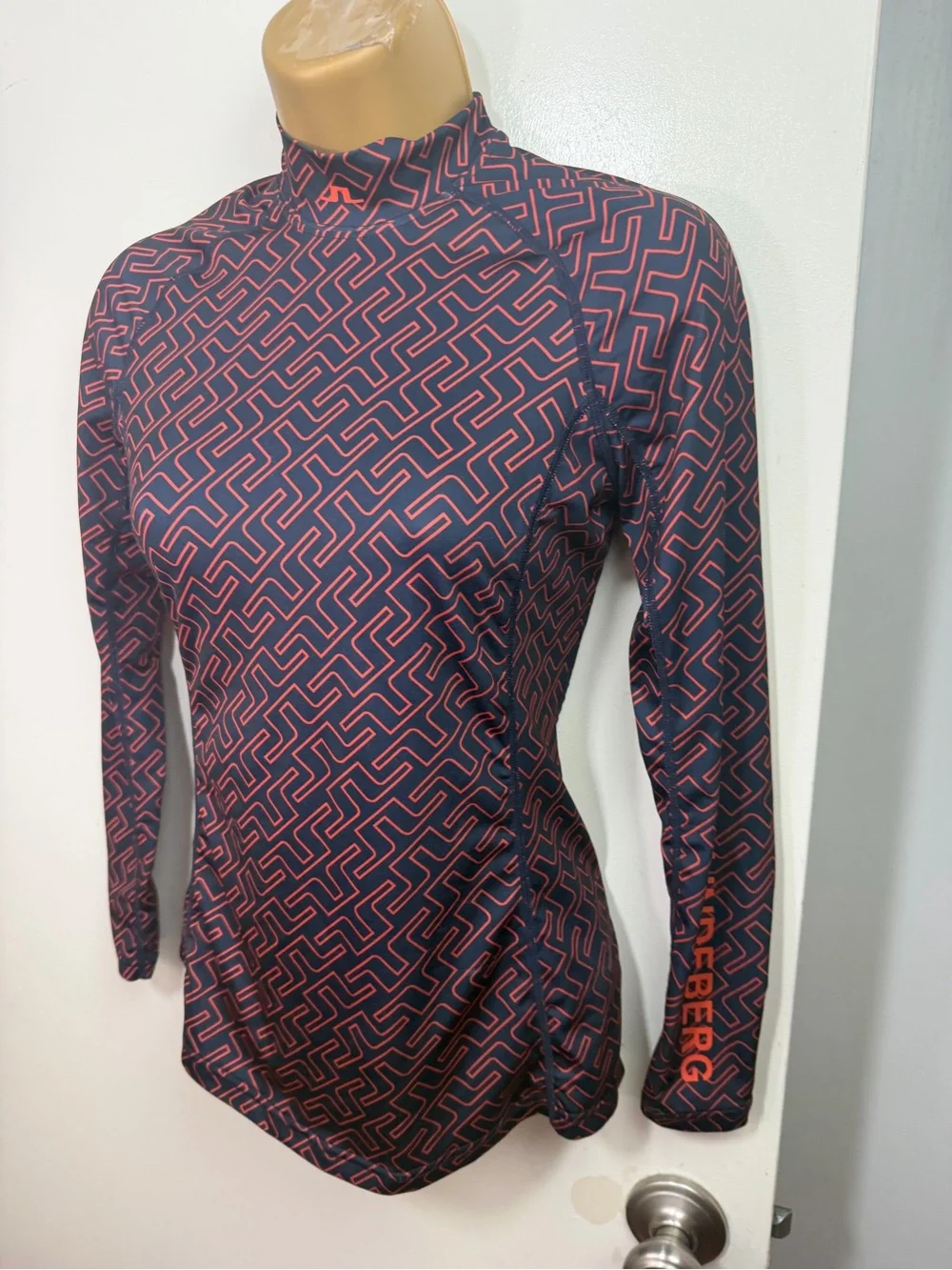 J.Lindeberg Navy & Orange Printed Compression‎ 4Way Stretch Long Sleeve Shirt XS